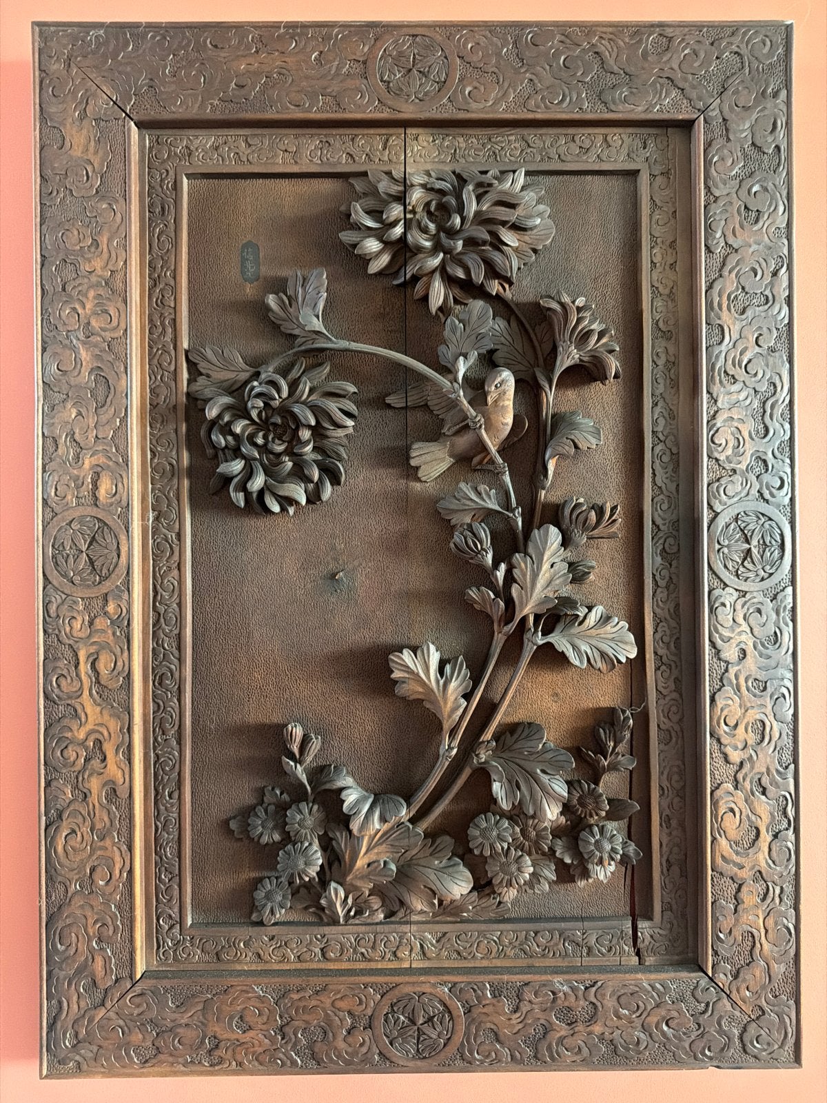 Japans Wandreliëf Houtsnijwerk Midden 20e Eeuw - 75x54cm, Handgemaakt, Wanddecoratie, Scène, Hout