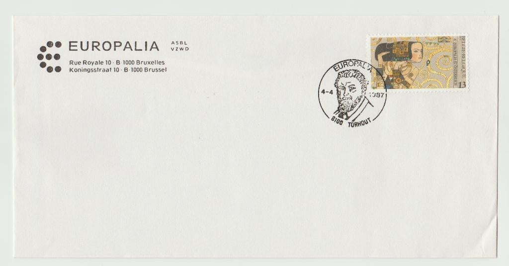 België 1987 Gustav Klimt Europalia stempel op brief (2), Kunst, Ophalen of Verzenden, Gestempeld, 1e dag stempel