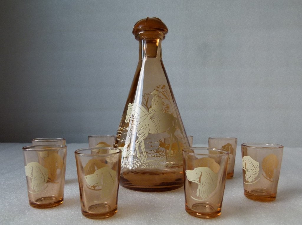 Likeur Set Ruiter te Paard met Honden Karaf plus 8 Glaasjes, Antiek en Kunst, Antiek | Glas en Kristal, Ophalen of Verzenden
