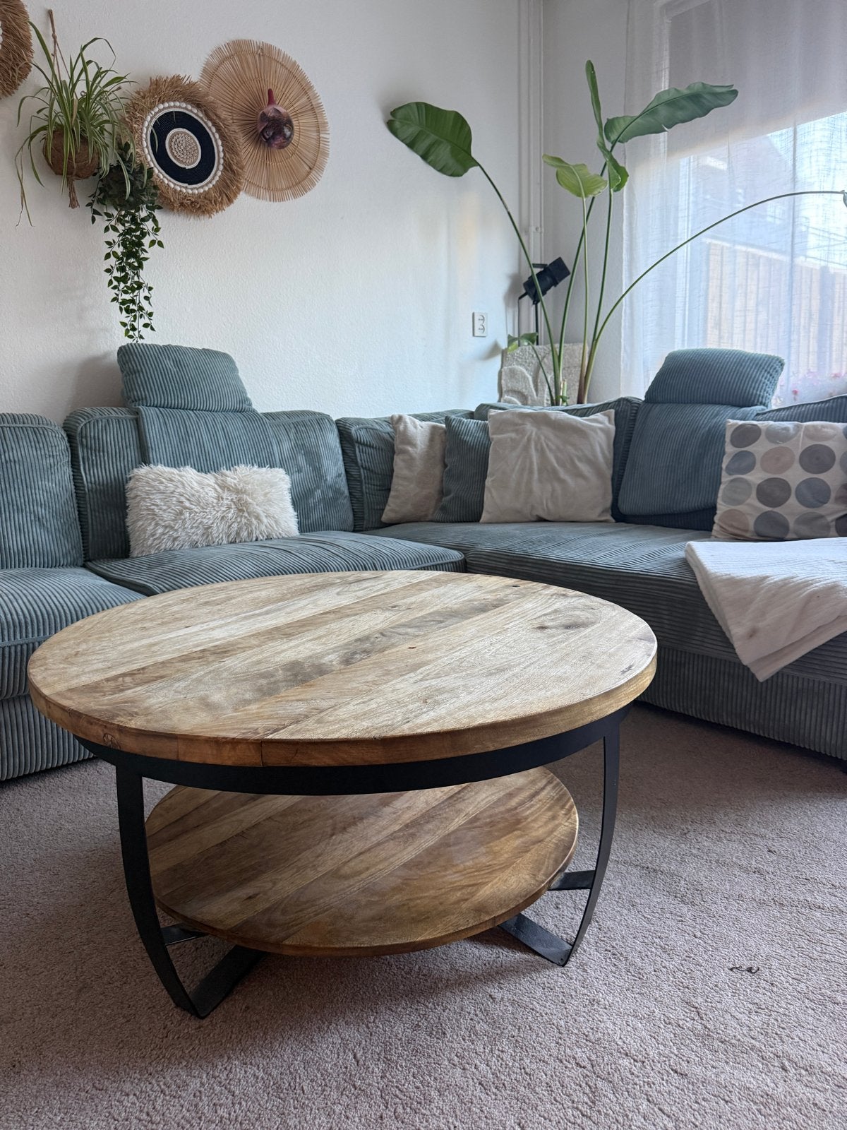 Splinz ronde salontafel mangohout met metalen onderstel, Ophalen, 50 – 75, Gebruikt, Rond