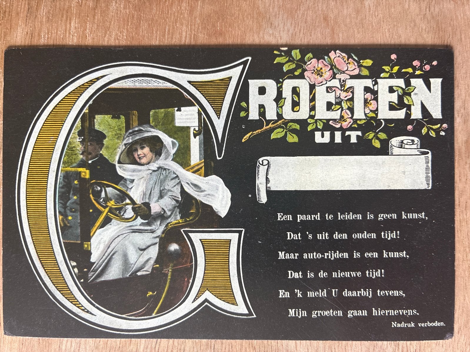 Oude Ansichtkaart: Groeten uit de Nieuwe Tijd (Auto), Ophalen of Verzenden, Voor 1920, Ongelopen