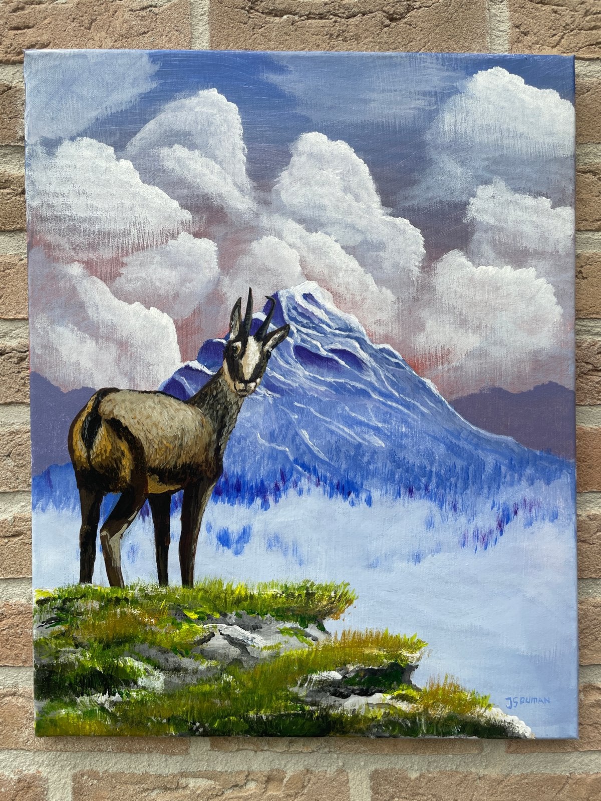 Schilderij Gems in de bergen - Acryl op doek, Acrylverf, Handgeschilderd, Ophalen of Verzenden, Dieren