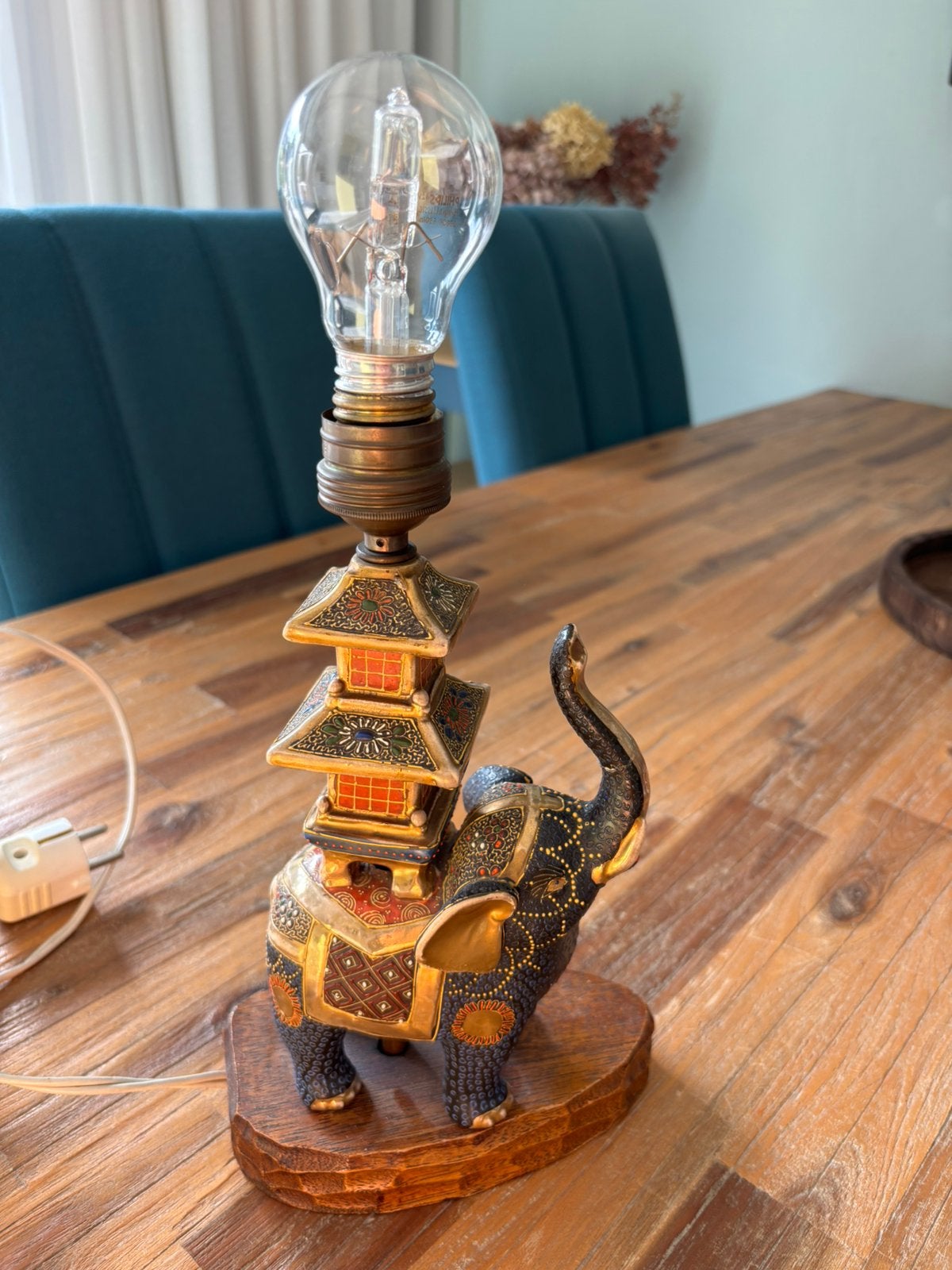 Antieke olifantlamp met pagode en lampenkap, Ophalen of Verzenden, Gebruikt