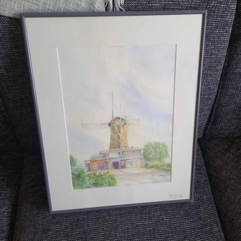 Schilderij: Molen aan het water, aquarel, Ophalen of Verzenden
