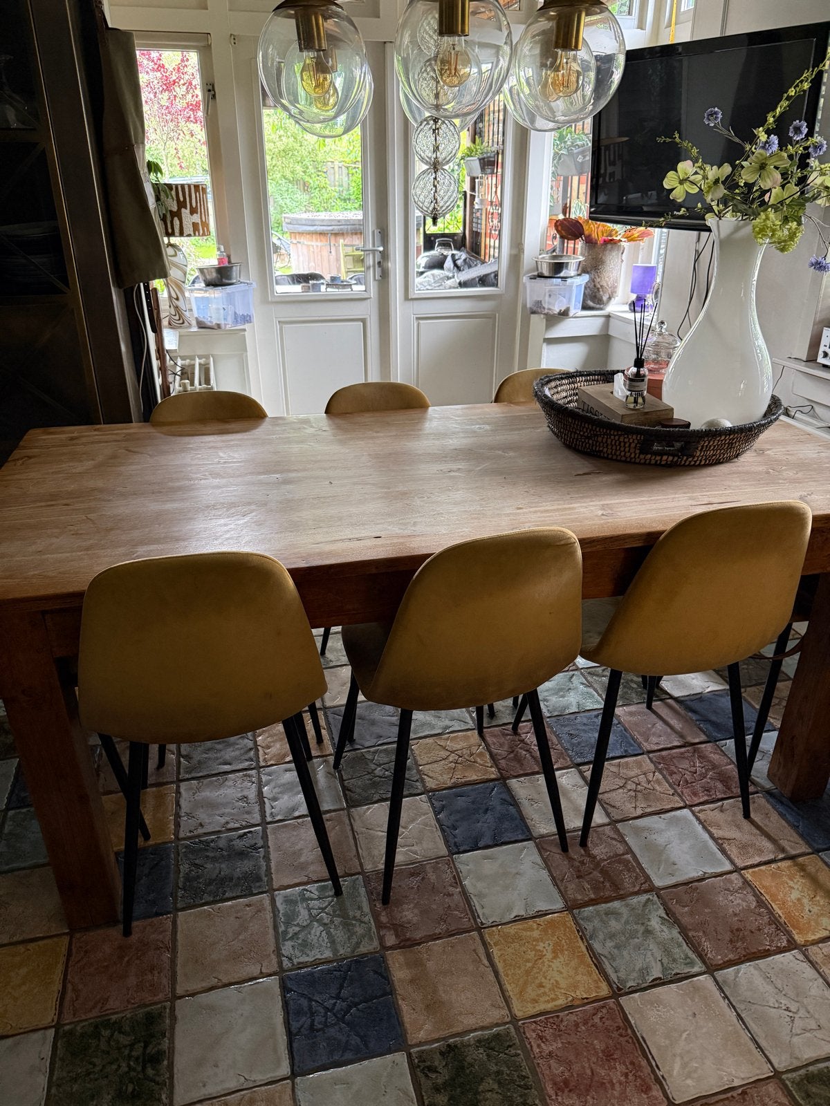 8 (oker) gele eetkamerstoelen - velours stof en metaal, Huis en Inrichting, Stoelen, Ophalen, Gebruikt, Overige kleuren, Metaal