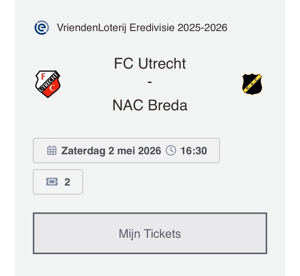 2 kaartjes FC utrecht- NAC breda, Tickets en Kaartjes, Twee personen