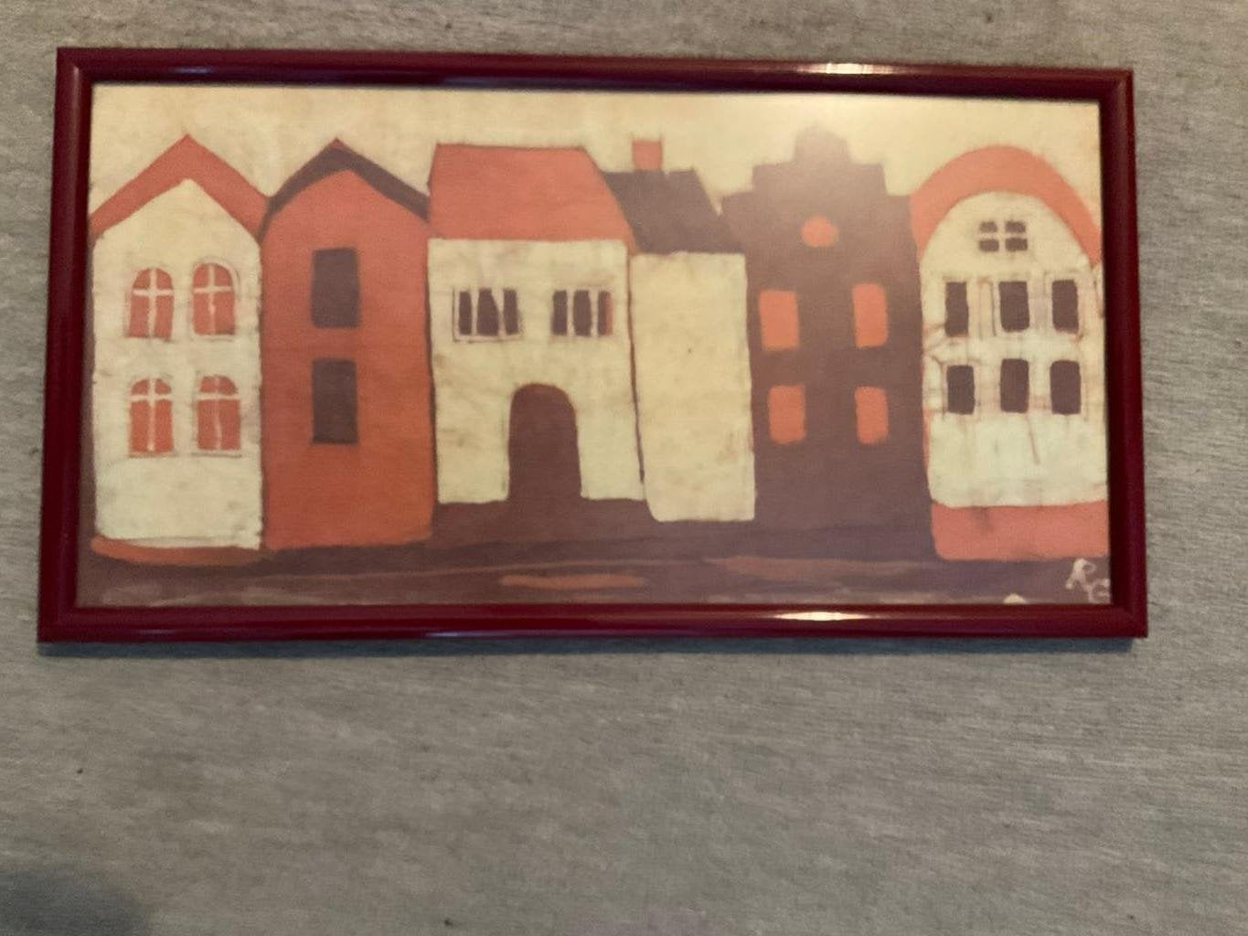 Batik doek Karakteristieke huisjes, gesigign R.G. (47x25 cm), Antiek en Kunst, Kunst | Niet-Westerse kunst, Ophalen, Wanddecoratie