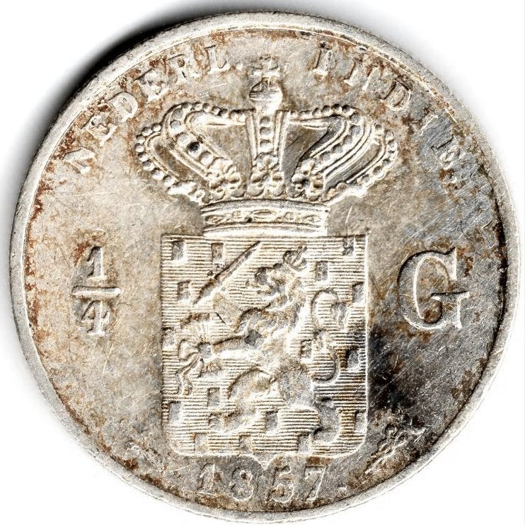 Nederlands Indië: kwart gulden 1857 ZF+ ZELDZAAM, Koning Willem III, Zilver, 25 cent, Ophalen of Verzenden