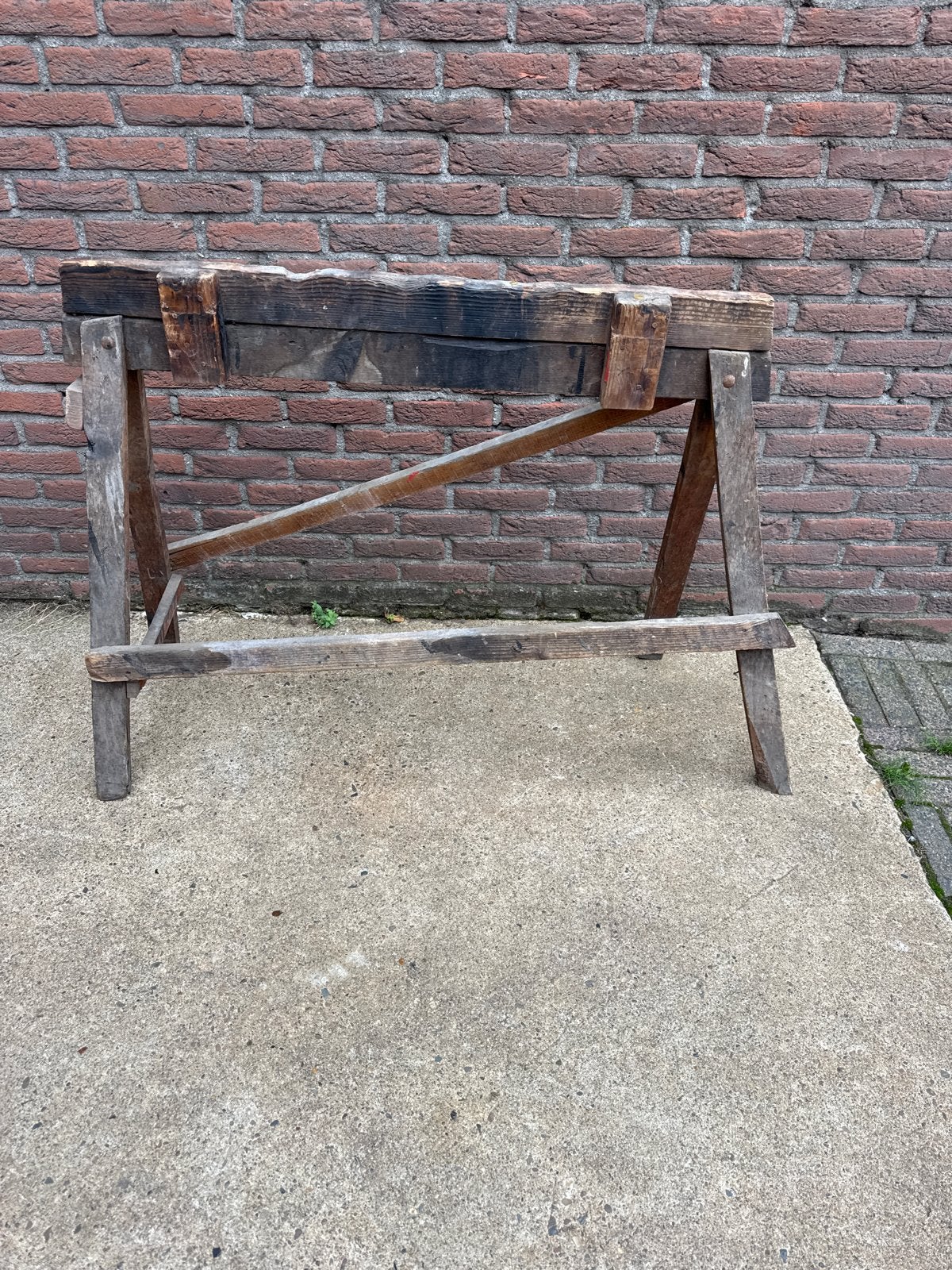 Oude houten schraag - Vintage werkbank onderstel, Ophalen of Verzenden, Gebruikt