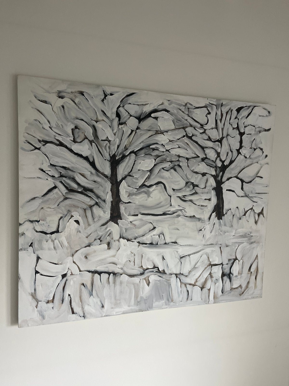 Abstracte winterbomen schilderij, Antiek en Kunst, Acrylverf, Met textuur, Textiel, Landschap