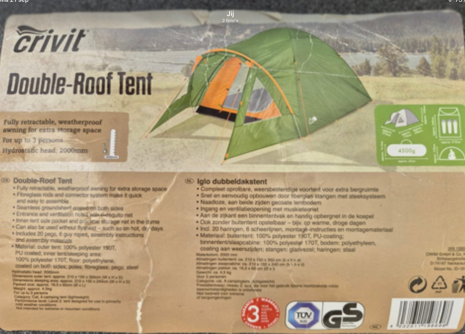 3 pers.dubbeldaks koepeltent, Ophalen, Gebruikt