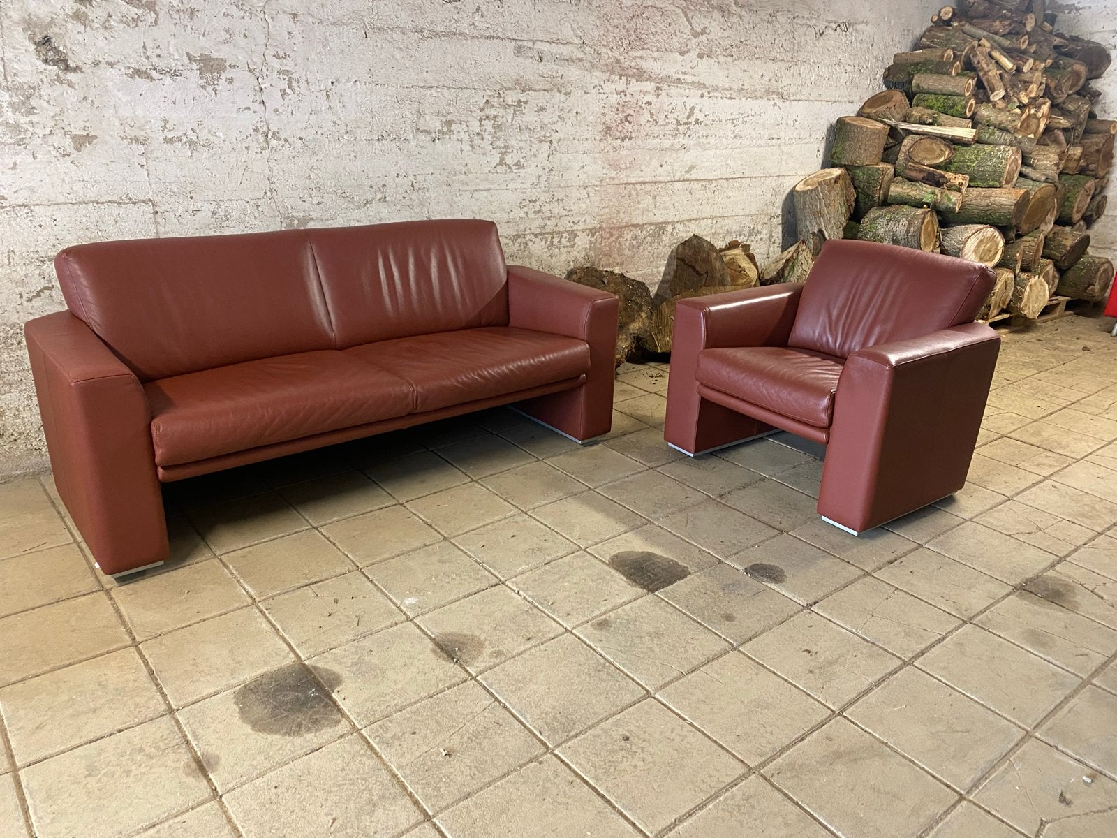 Leolux Antipode 2-zitsbank en fauteuil, rood leer, Ophalen, Gebruikt, 150 tot 200 cm, Tweepersoons
