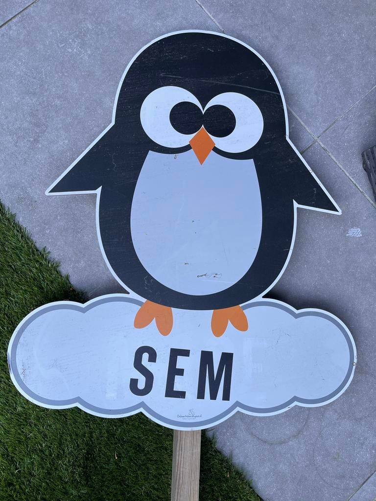 Geboortebord Pinguïn 'Sem', Ophalen, Zo goed als nieuw, Geboortebord