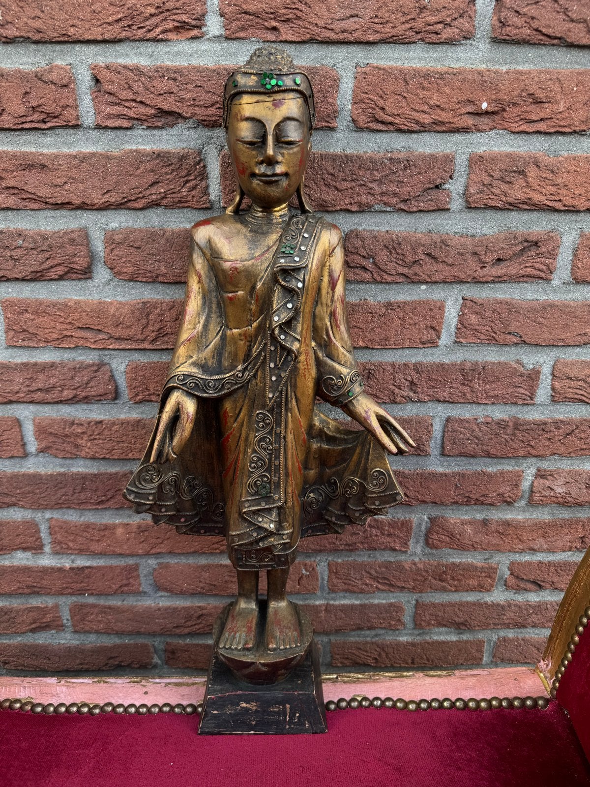 Vintage Boeddha beeld uit Thailand, houtsnijwerk, ca. 60 cm, Hout, Goud, Ophalen of Verzenden, Handgemaakt