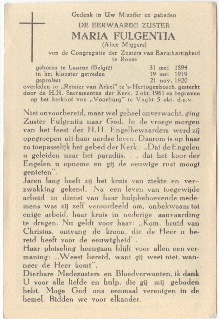 zr. Alice Miggers 1894 Laarne (B) + 1961 Den Bosch, 67 jaar, Verzamelen, Bidprentjes en Rouwkaarten, Verzenden