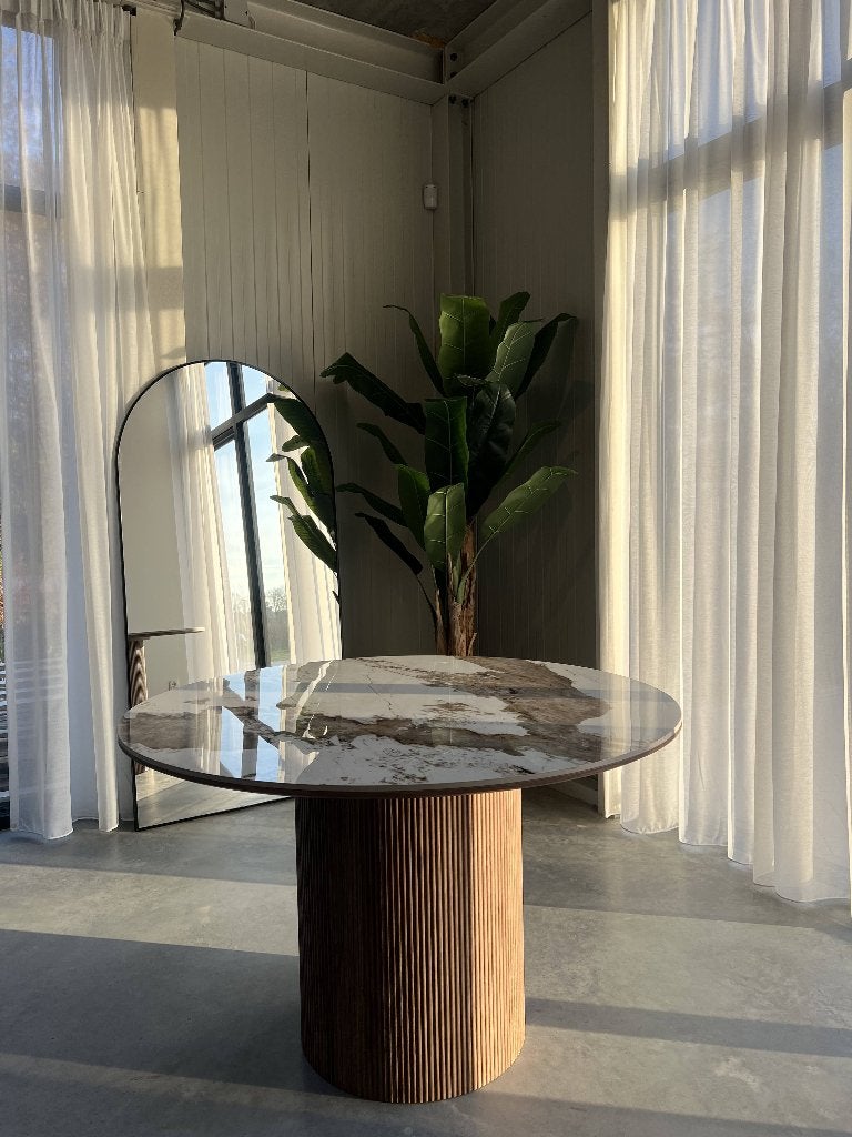 Eettafel Japandi Stijl Rond Wit/Bruin 120ø, Huis en Inrichting, Tafels | Eettafels, Rond, Nieuw, Ophalen of Verzenden, Vier personen