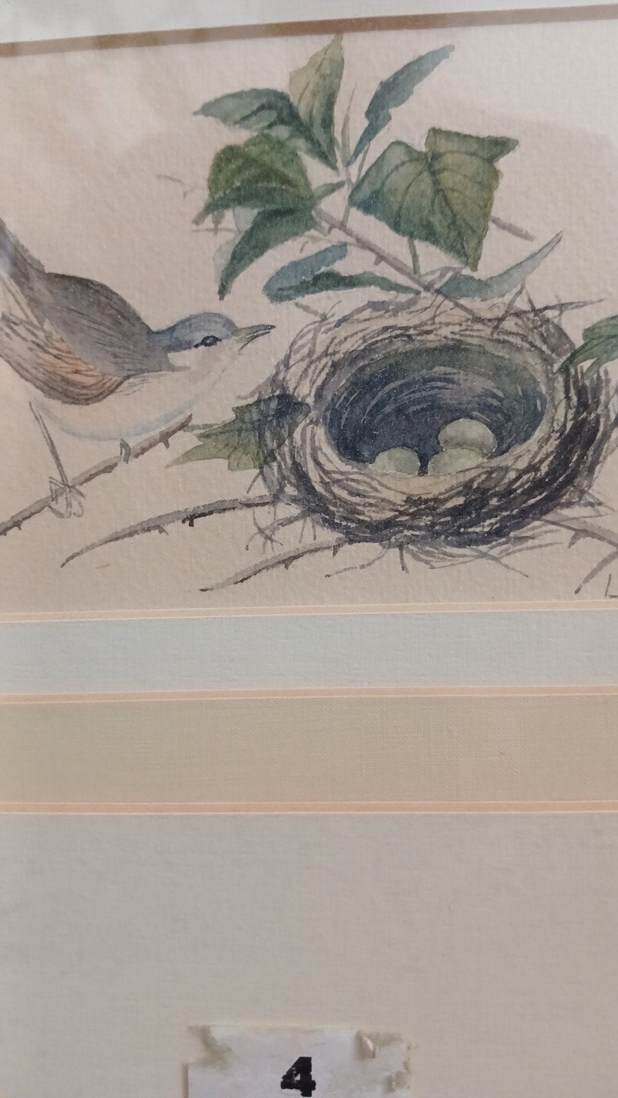 Romantische Aquarel van Vogelnest - Gesigneerd L.V., Antiek en Kunst, Ophalen of Verzenden, 1950 - 1999