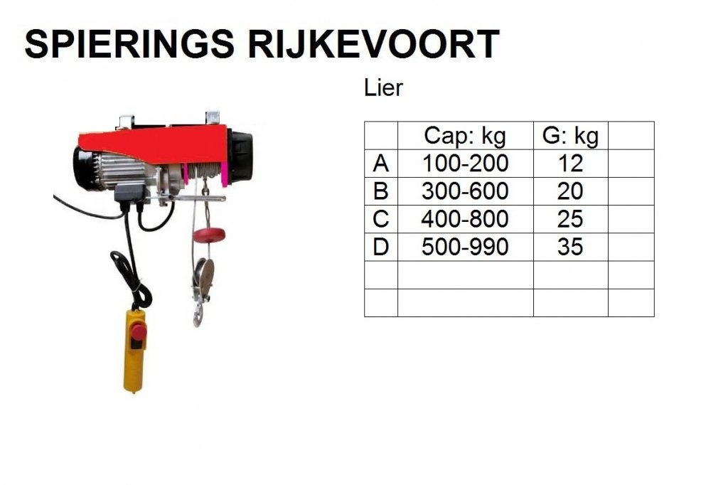 Lier 50kg tot 990kg 230V staalkabellier Spierings, Niet ingevuld, Niet ingevuld, Nieuw, Ophalen of Verzenden
