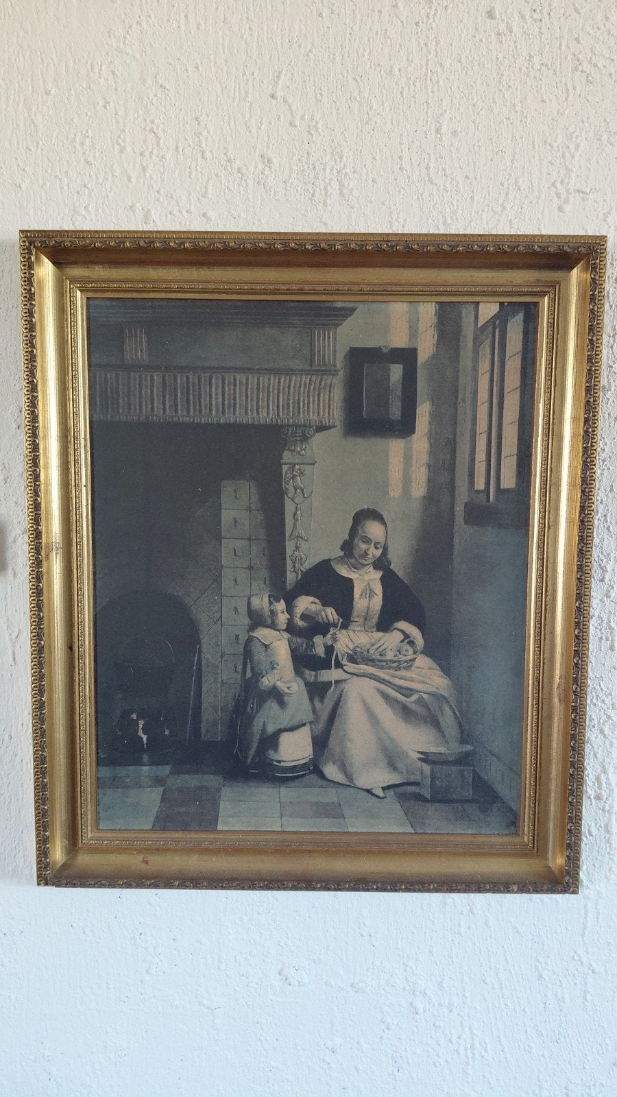 Klassiek schilderij: Moeder en kind bij de haard, Ophalen of Verzenden
