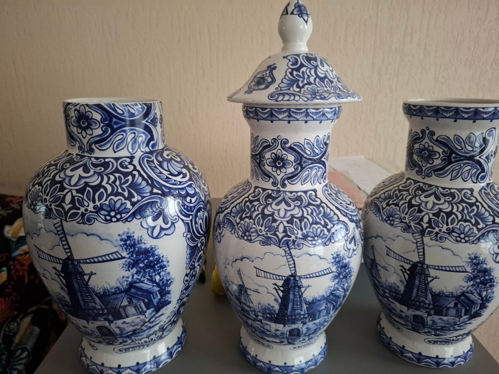 Set van 3 Delfts Blauwe Vazen - Molenlandschap, Ophalen of Verzenden