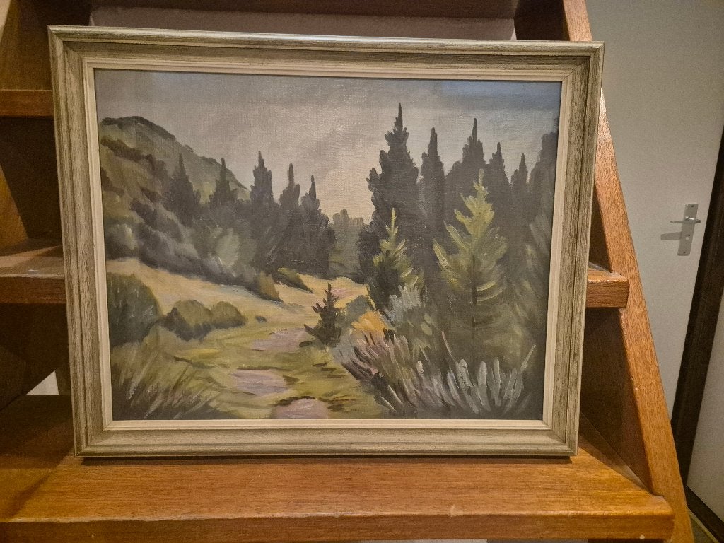 Schilderij: Berglandschap met dennenbomen, gesigneerd, Ophalen, Doek, Achter glas, Realistisch