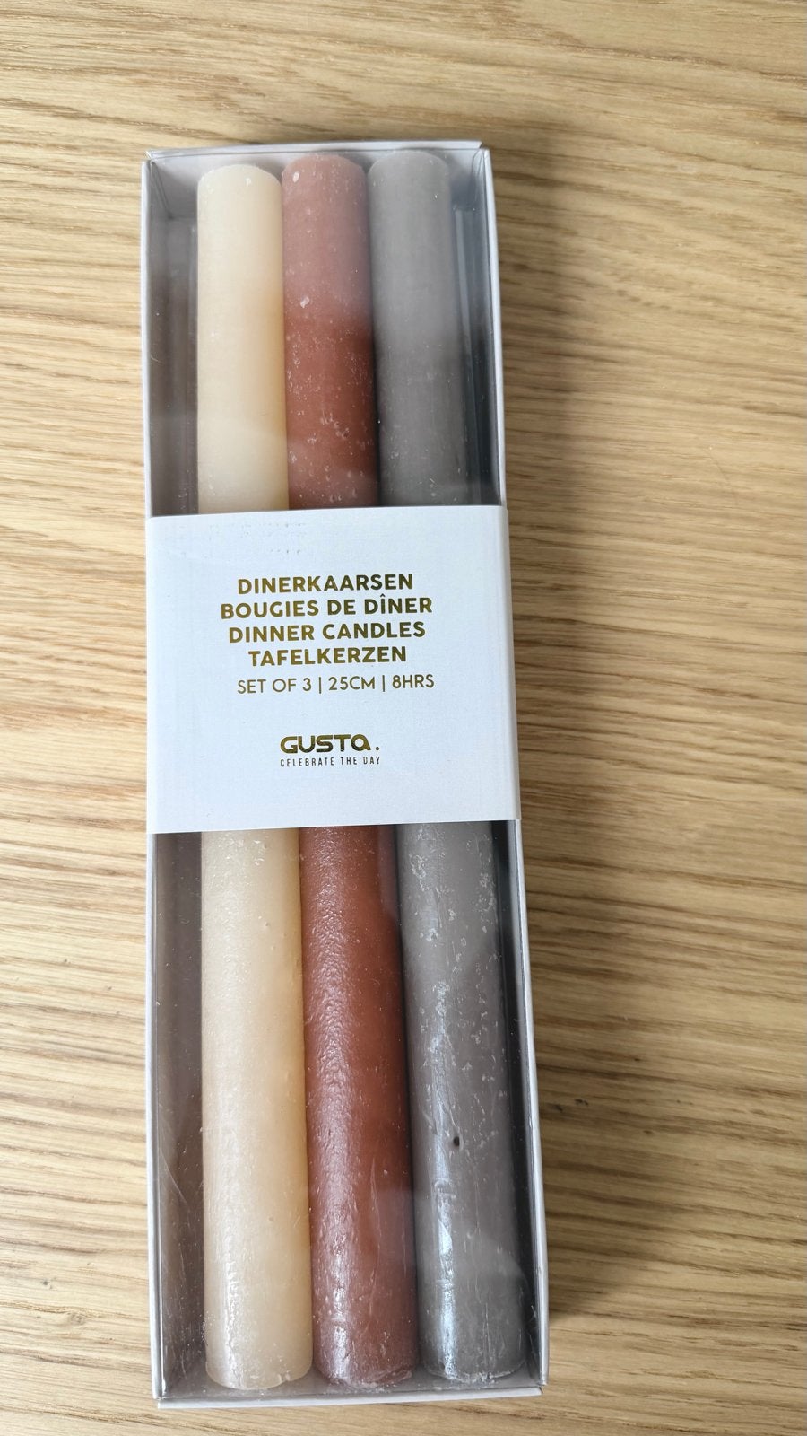 Gusta dinerkaarsen set van 3 - beige, bruin, grijs, Ophalen of Verzenden, Kaars, Overige merken, Beige