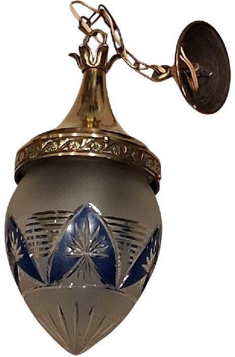 art nouveau hanglamp met messing en bronzen armatuur., Ophalen