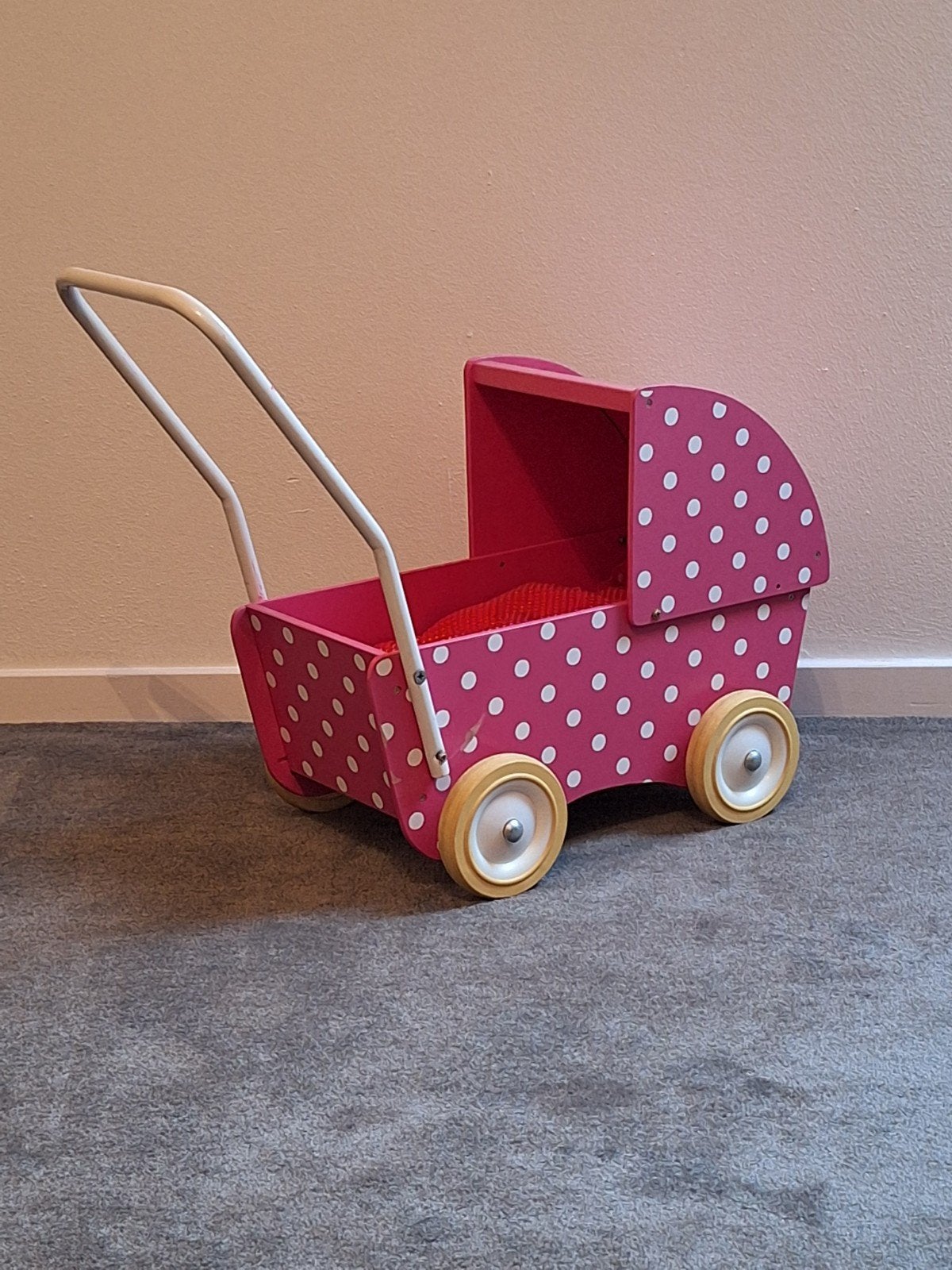 roze met witte stippen houten poppenwagen, Ophalen, Duw- of Trekspeelgoed