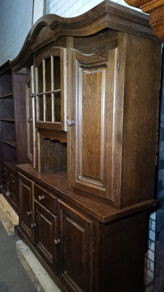 Robuuste eiken buffetkast 2-delig 150 cm breed, Huis en Inrichting, Ophalen, Glas, Gebruikt, Klassiek