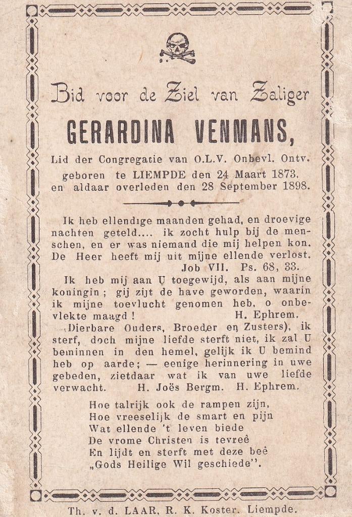 Venmans Gerardina 1873 Liempde 1898, Ophalen of Verzenden, Bidprentje