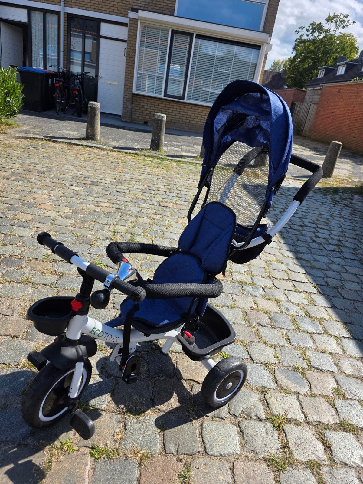 Nieuwe ecoToys Meegroei-driewieler met Duwstang - Blauw/Wit, Ophalen of Verzenden, Nieuw, EcoToys, Duwstang