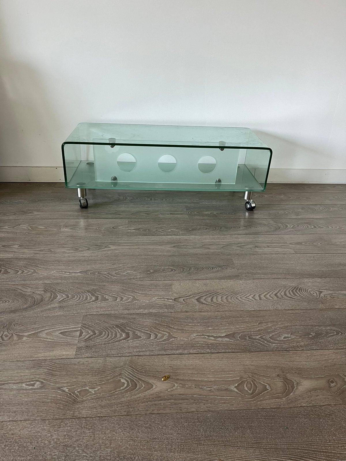 Glazen TV meubel op wieltjes, Ophalen, Gebruikt, 100 tot 150 cm, Glas