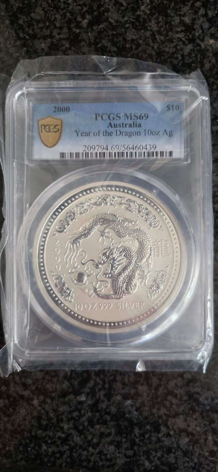 2000 Lunar Draak 10oz Zilver PCGS MS69 Top Pop, Ophalen of Verzenden, Zilver