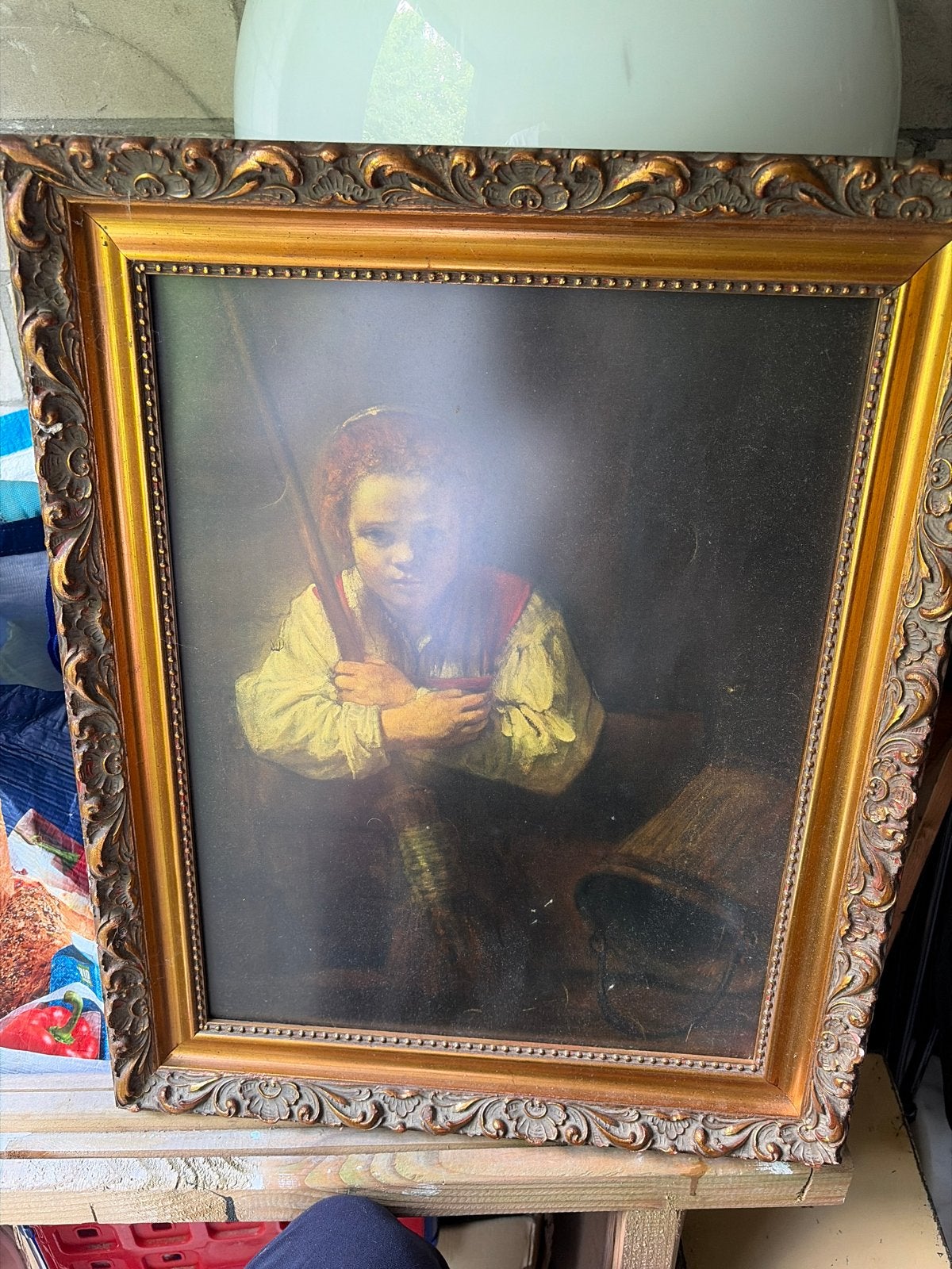 Oud Hollands schilderij: Jongen met bezem en emmer, Ophalen, Doek, Portret of Personen, Oud hollands