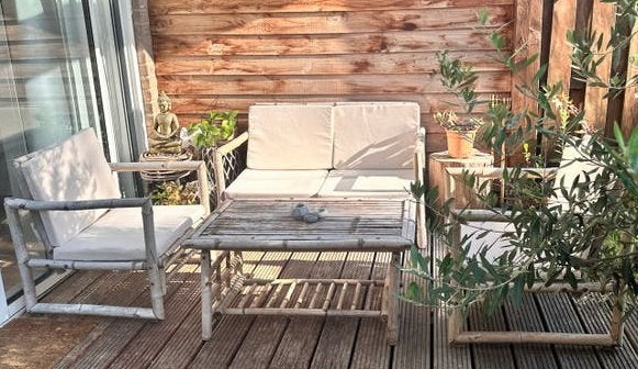 Mooie bamboe loungeset met wasbare kussens, Ophalen, Zo goed als nieuw, Loungeset, Bank