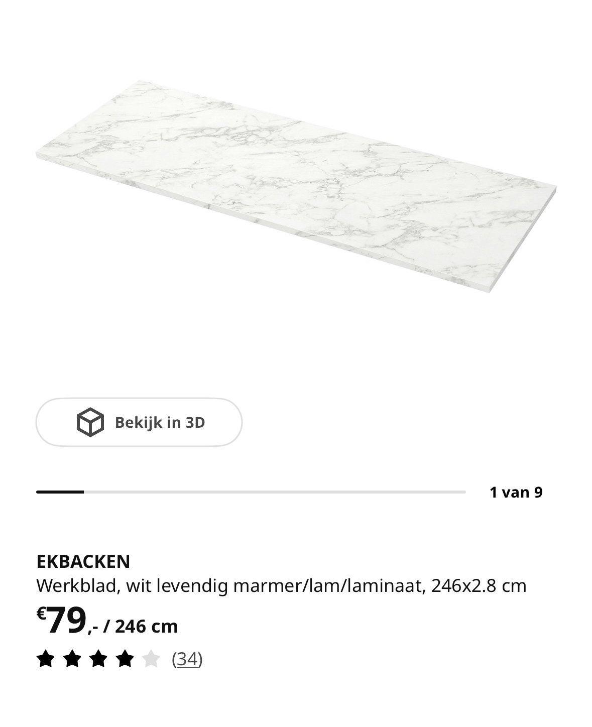 IKEA EKBACKEN Werkblad wit marmerlook 246x63.5x2.8 cm, Overige typen, IKEA, Nieuw, Ophalen of Verzenden