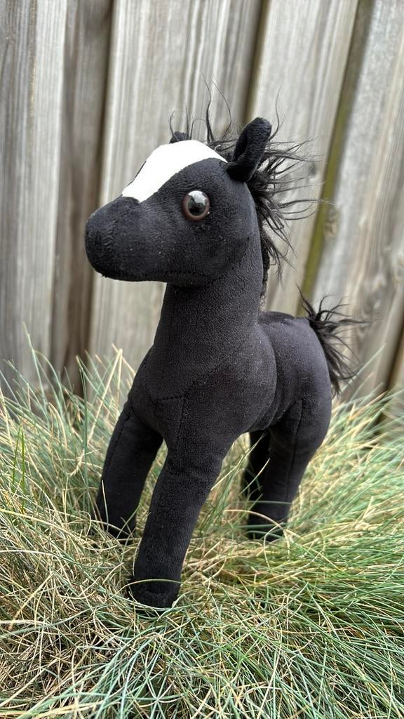 Zwart pluche paard knuffel met witte bles, Verzenden