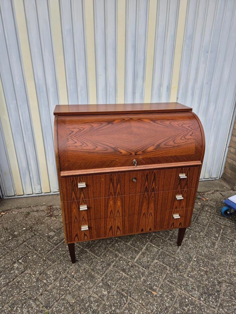 Vintage rolluik bureau palisander Heinrich Feldotte möbel, Ophalen, Gebruikt