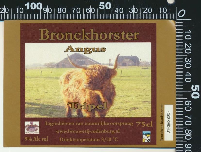 Sticker: Brouwerij Rodenburg - Bronkhorster Angus Tripel, Ophalen of Verzenden, Zo goed als nieuw, Bedrijf of Vereniging