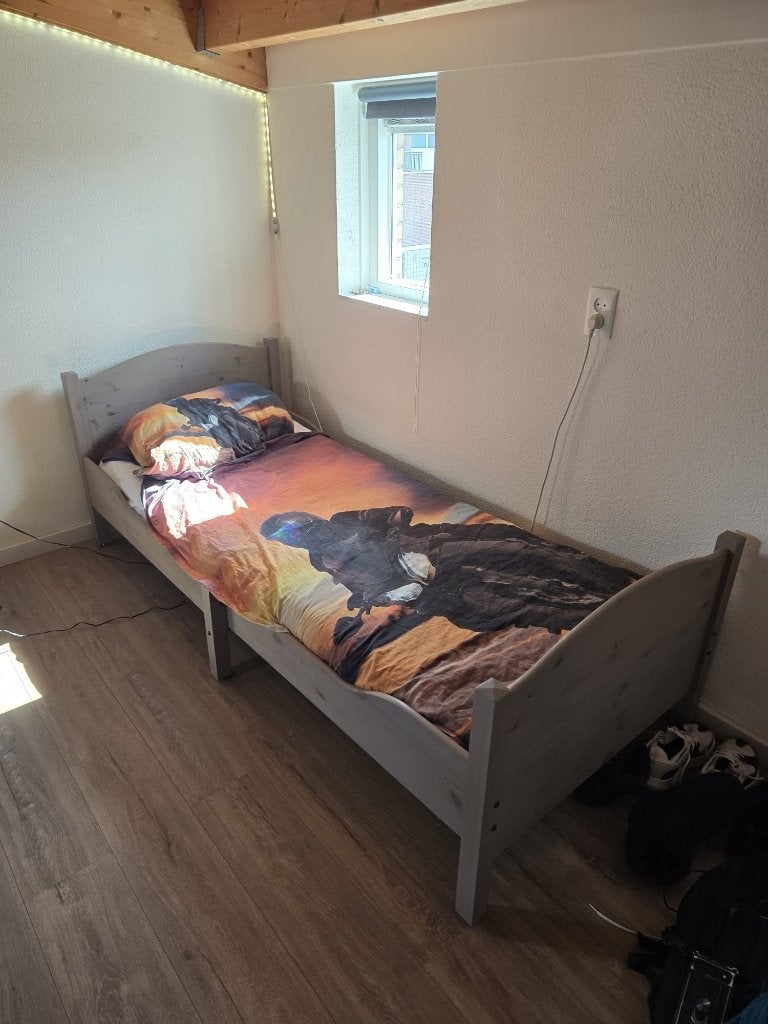 Meegroei bed, massief hout, grey wash, Ophalen, Eenpersoons, 80 cm, 200 cm