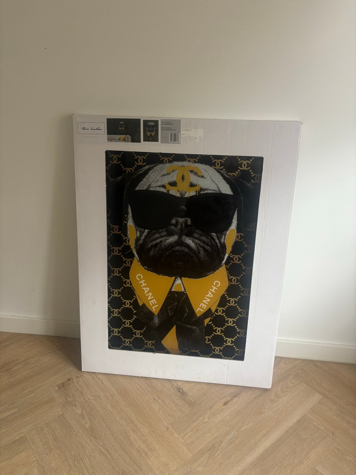 Luxe Mops Hond Schilderij met Chanel Thema, Ophalen, Nieuw, Schilderij, 75 – 100