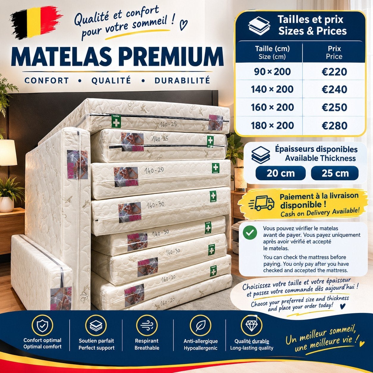 Matrassen verkrijgbaar in de maten 90x200, 140x200, 160x200, Ophalen of Verzenden, Matras, 200 cm, 160 cm