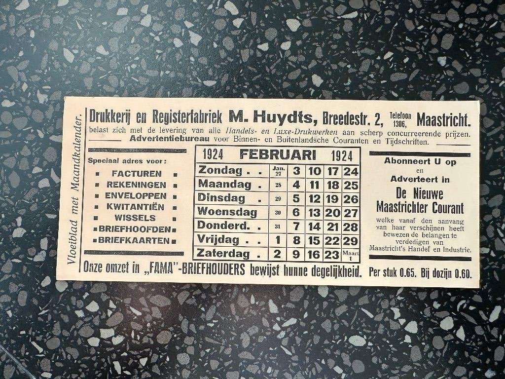 Vloeiblad M. Huydts Maastricht Februari 1924. Telefoon 1306., Ophalen of Verzenden, Gebruikt, Gebruiksvoorwerp