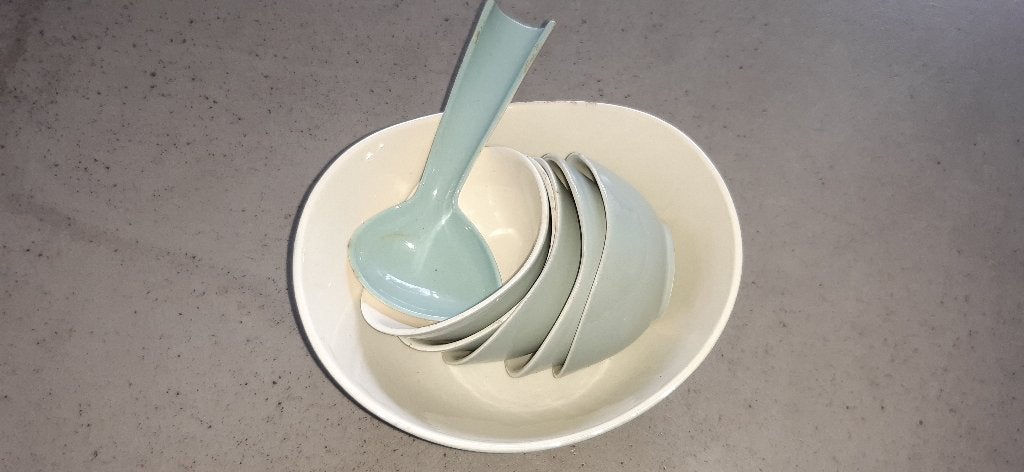 Pastel servies Petrus Regout pindaset met zeldzame  lepel, Antiek en Kunst, Ophalen of Verzenden