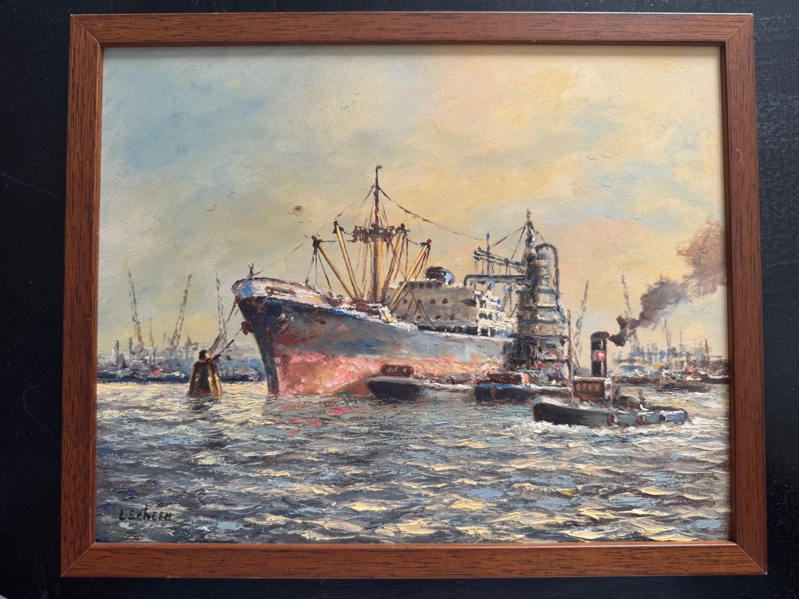 L. Scheen | Havengezicht Rotterdam vrachtschip & sleepboten, Ophalen of Verzenden, Maritiem / water