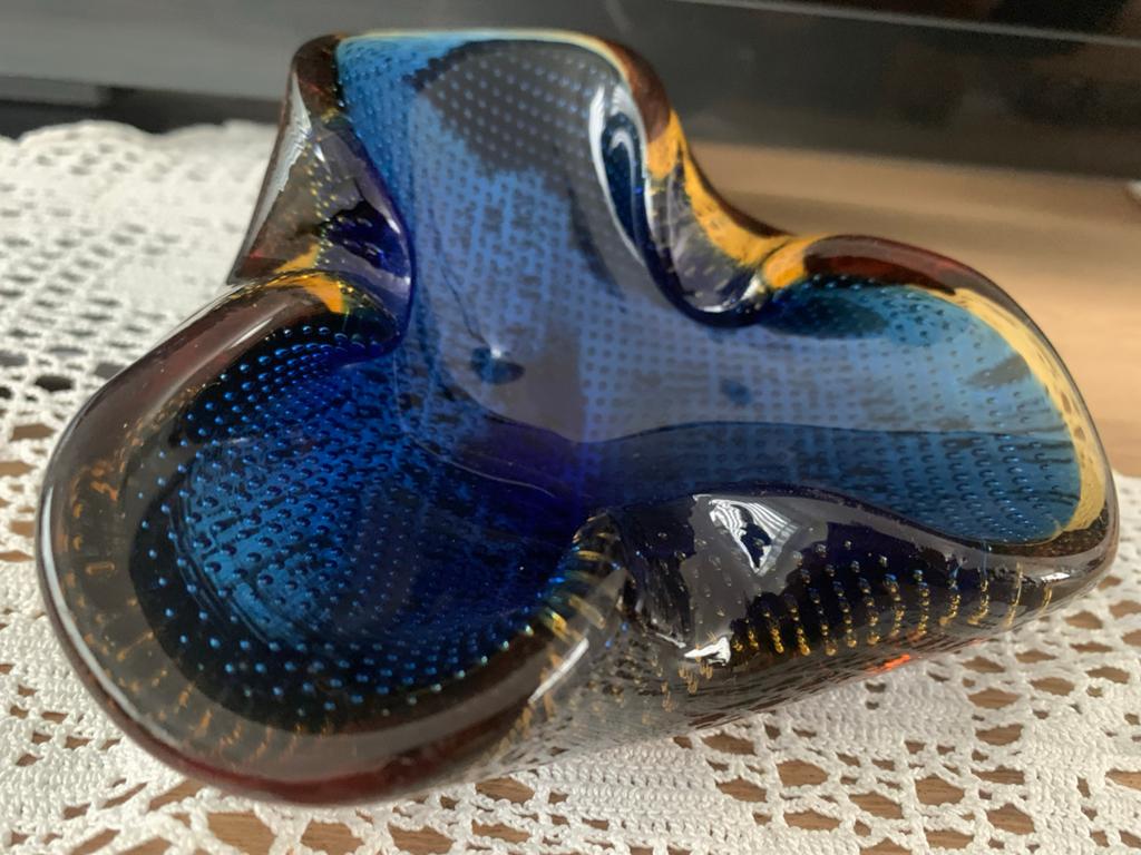 Vintage Murano Glas - Asbak Blauw met luchtbellen, Ophalen of Verzenden
