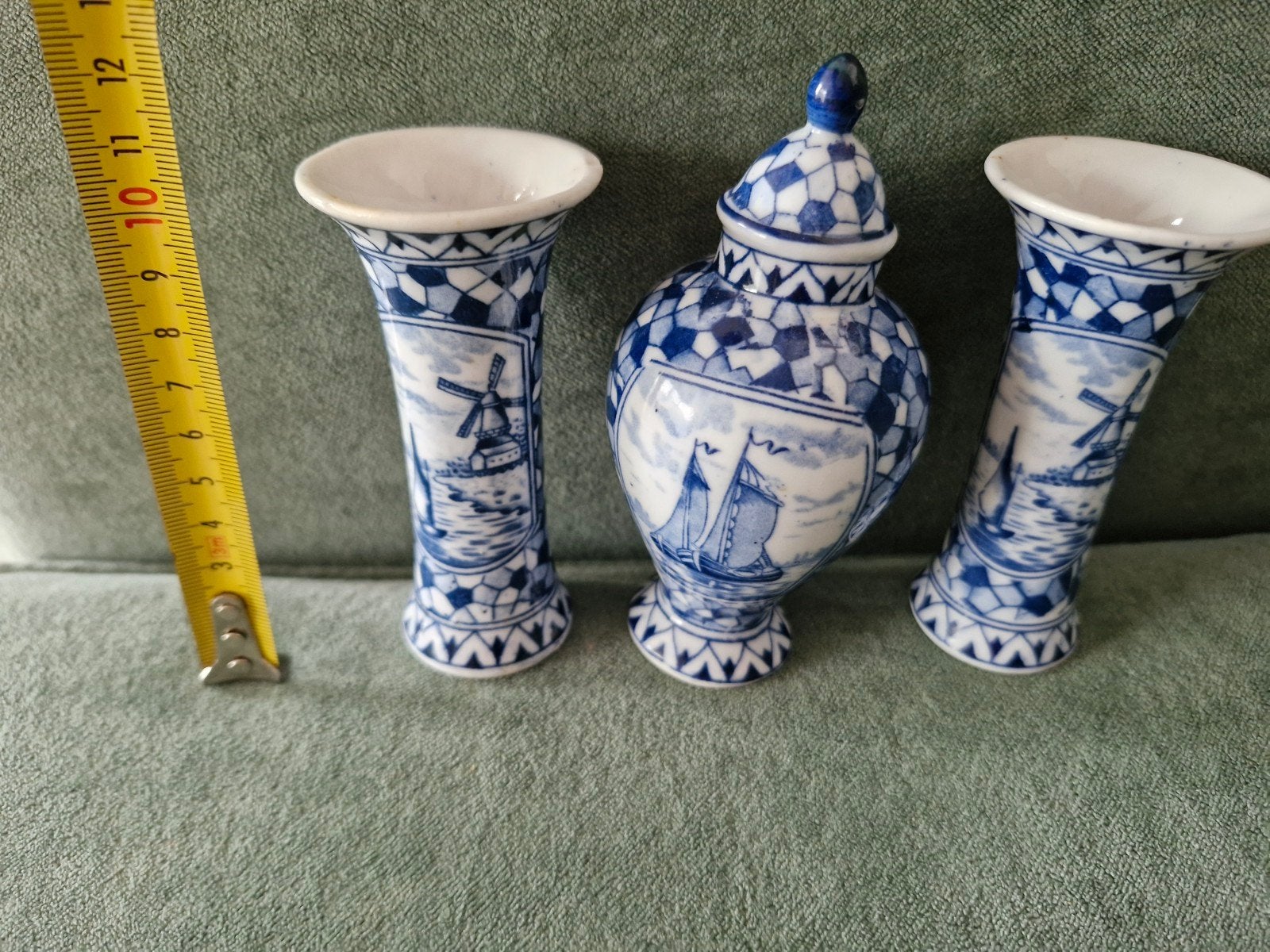 Delfts blauwe vazen set 10cm  Molens en schepen, Ophalen of Verzenden