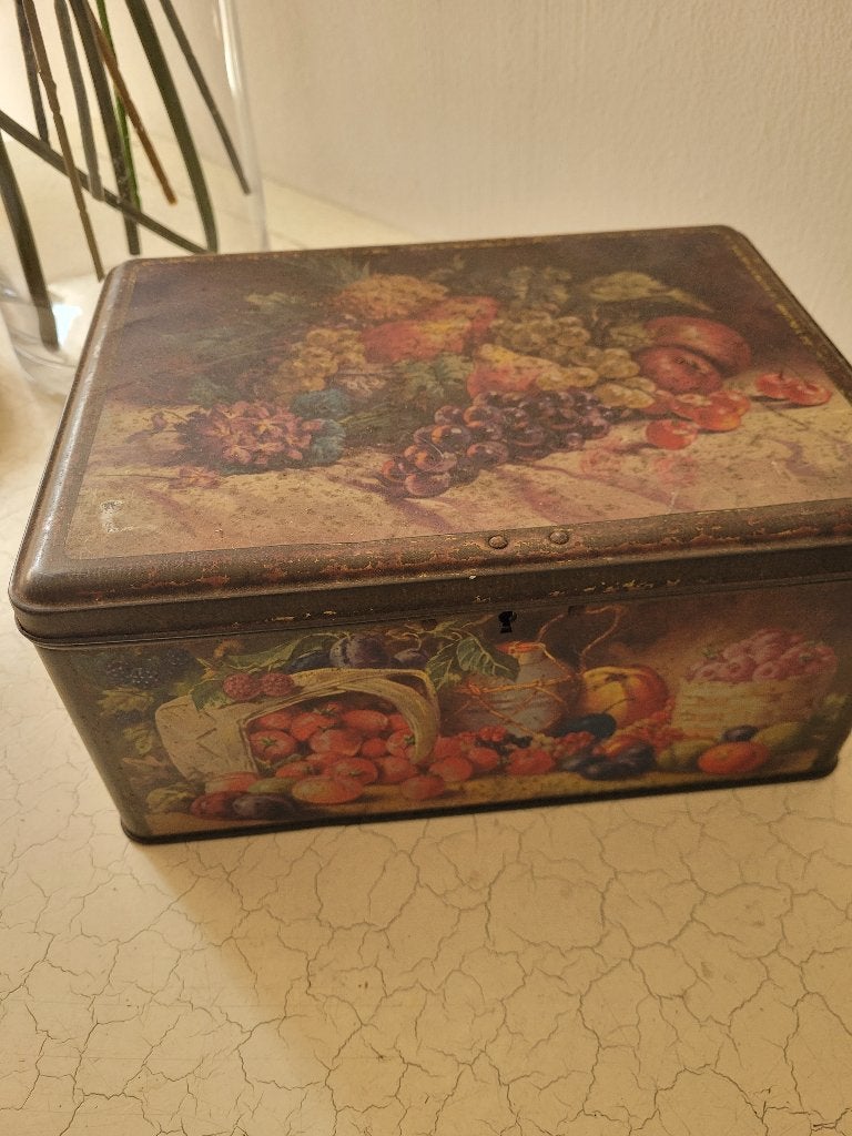Zeer oud blik met fruit decor, Verzamelen, Blikken, Ophalen of Verzenden, Gebruikt, Overige