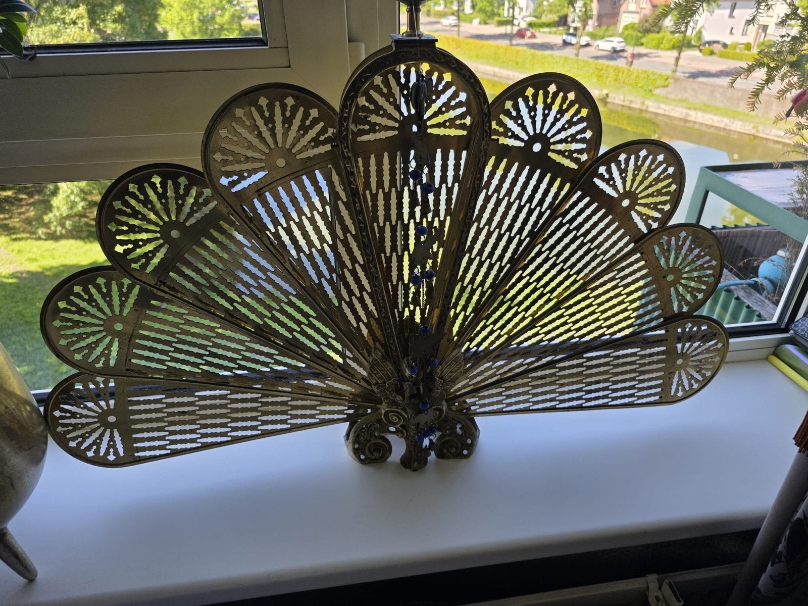 Antiek messing haardscherm in pauwenstaart design, Antiek en Kunst, Ophalen