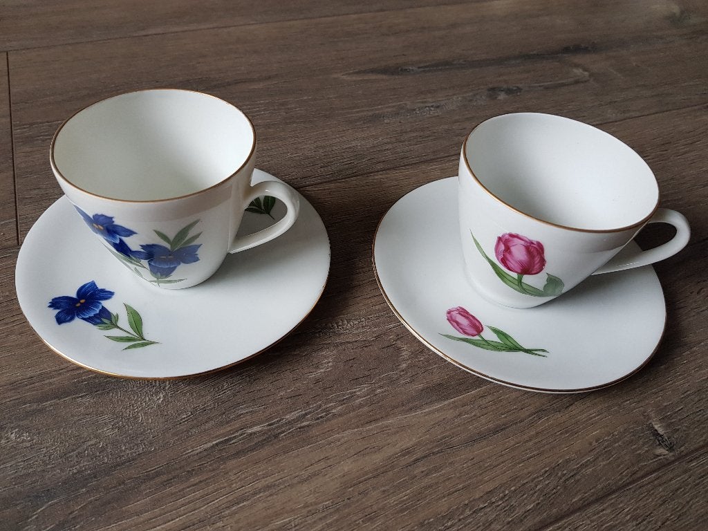 Twee kop en schotels - bloemen - Seltmann Weiden Bavaria, Verzamelen, Ophalen of Verzenden, Zo goed als nieuw, Porselein, Kop en/of schotel